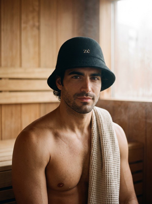 Man wearing the zajé Onyx hat in a sauna, towel over one shoulder